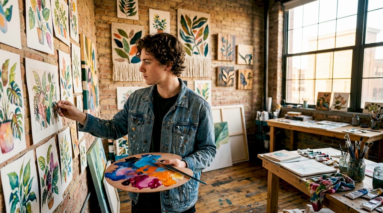 Artist examining botanical wall art in studio