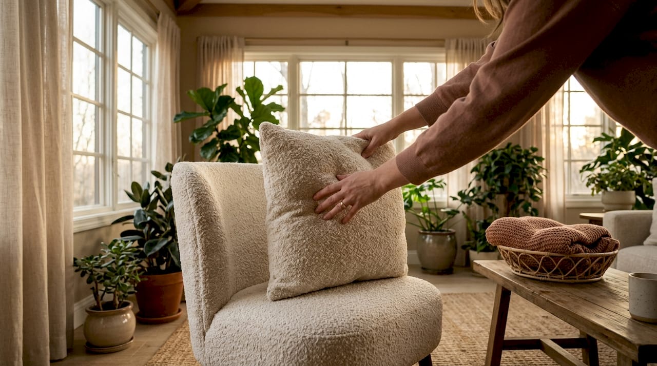 Hands arranging cushion on textured boucle chair
