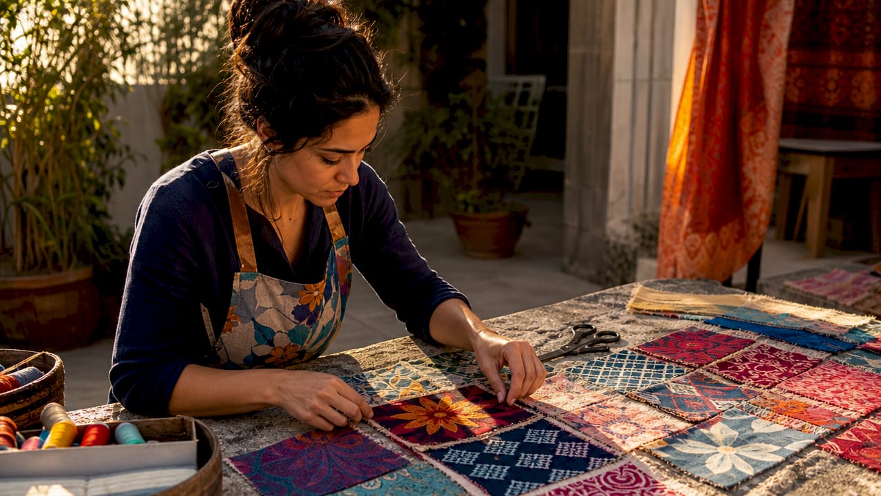 Hands arranging motif tiles on workbench
