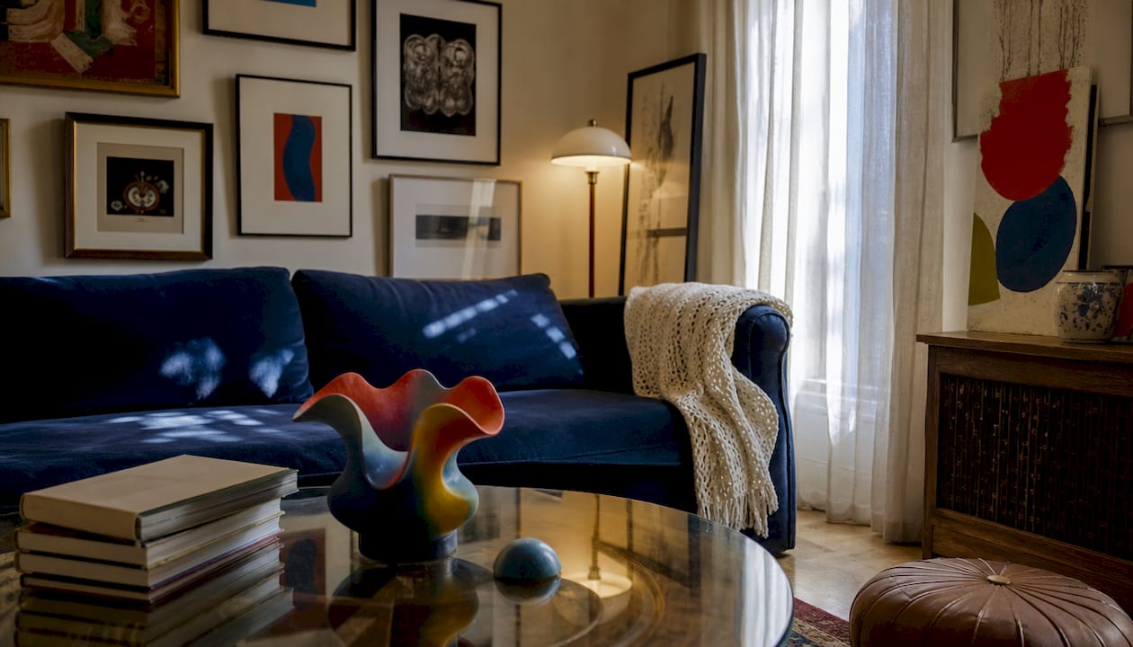 Interior of a gallery house with layered art walls