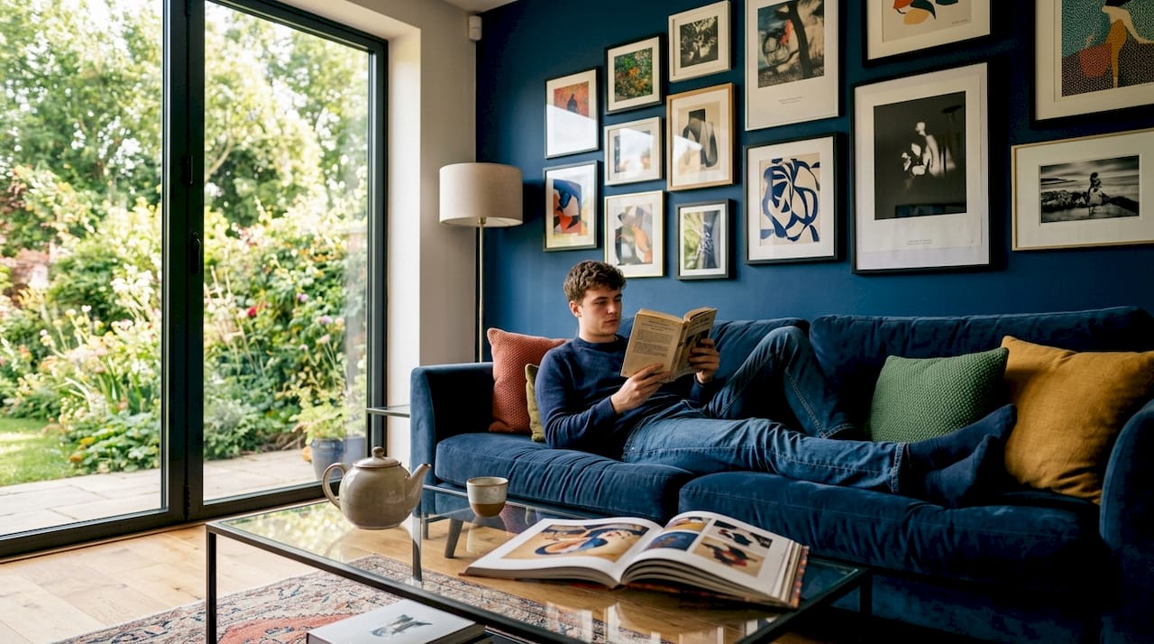 Living room with quality prints and relaxed reader