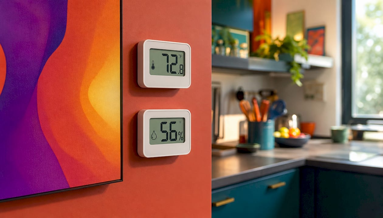 Thermometer and hygrometer near canvas print