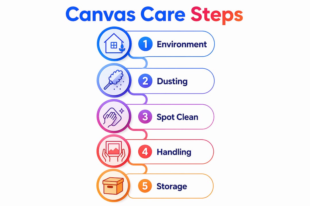 Infographic illustrating canvas print care steps