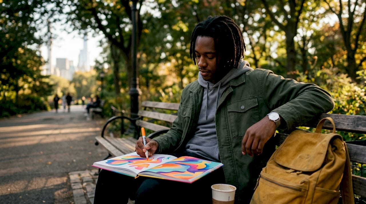 Young man sketching with colored pencils in café