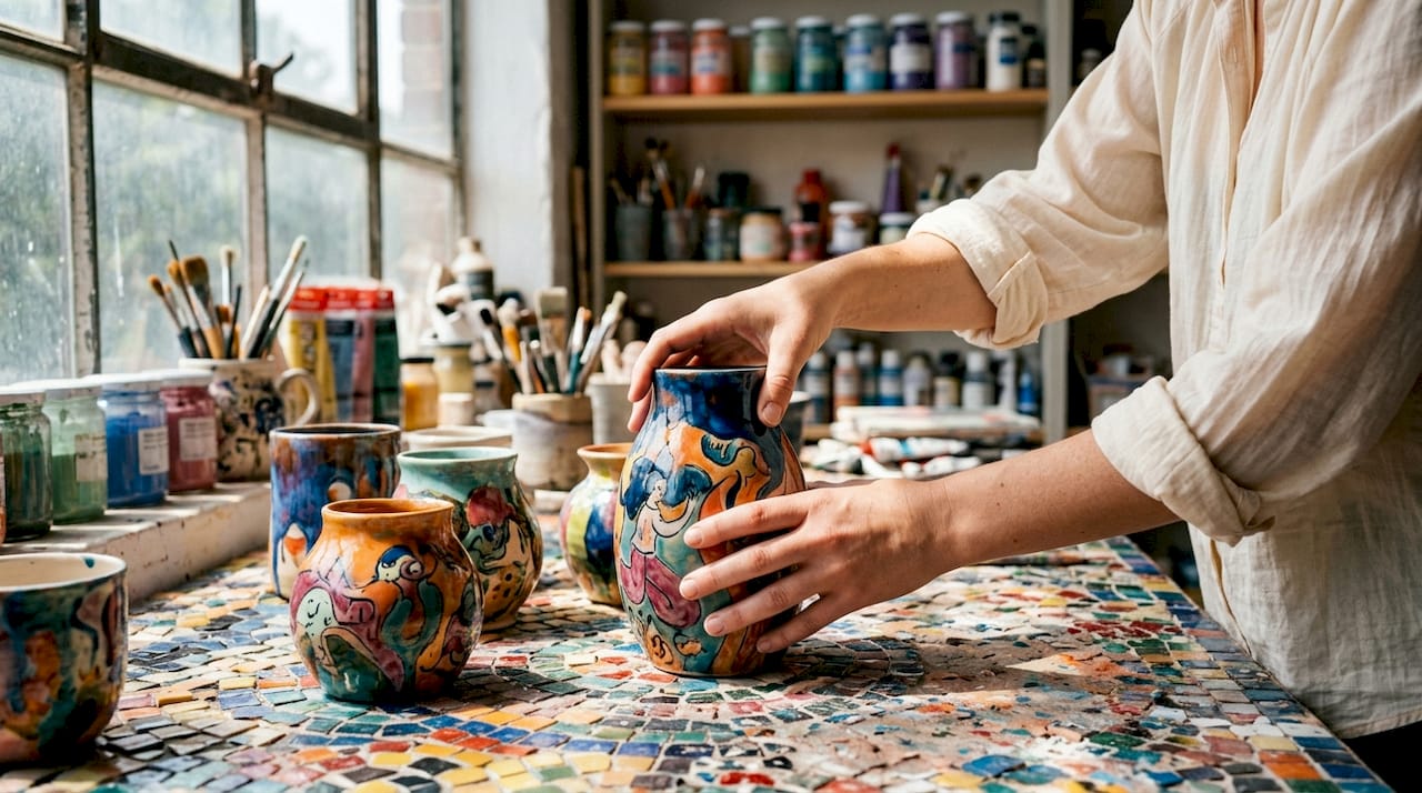 Hands selecting rustic ceramic vase in craft studio