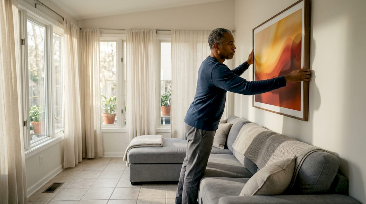 Man hanging art above sofa in living room