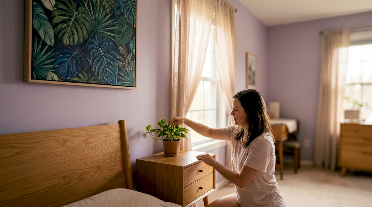 Cozy bedroom with botanical wall art panel