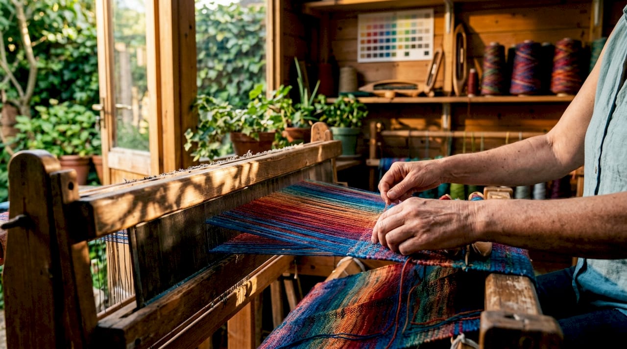 Close-up of hands weaving colorful textile
