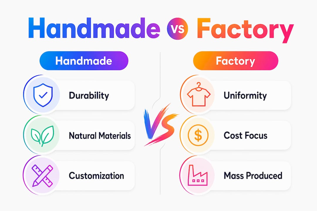 Infographic comparing handmade and factory-made decor features