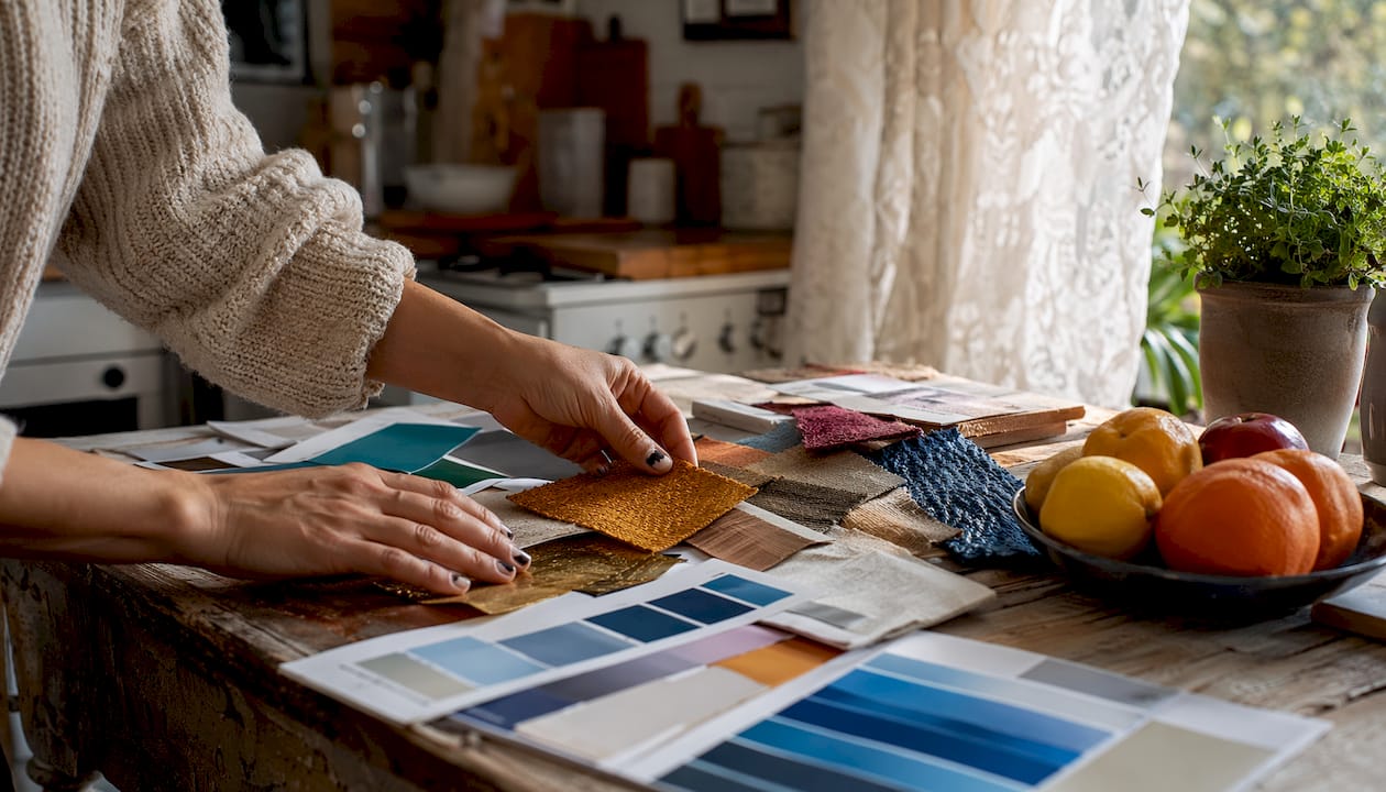 Hands arranging interior styling material samples