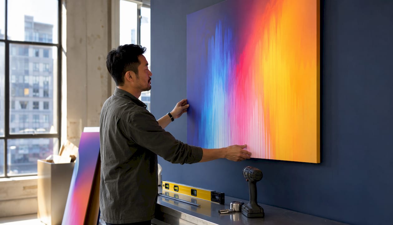 Curator mounting vibrant canvas art in gallery