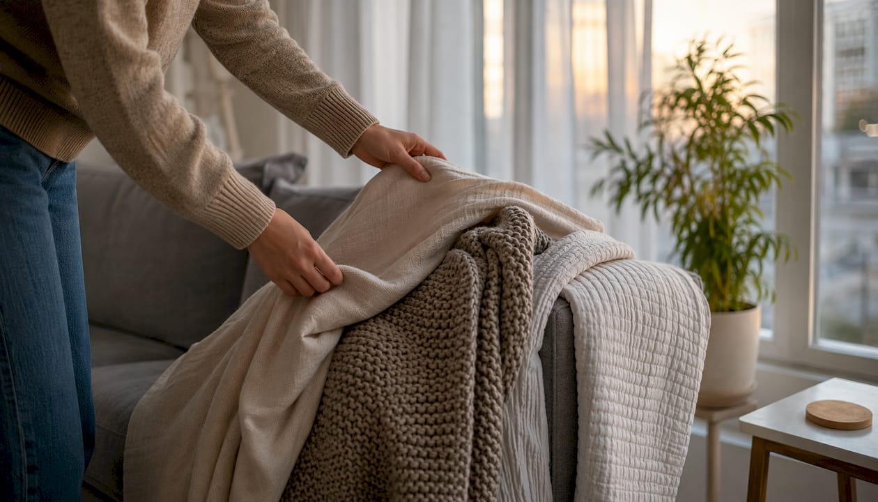Hands layering textiles on Scandinavian sofa