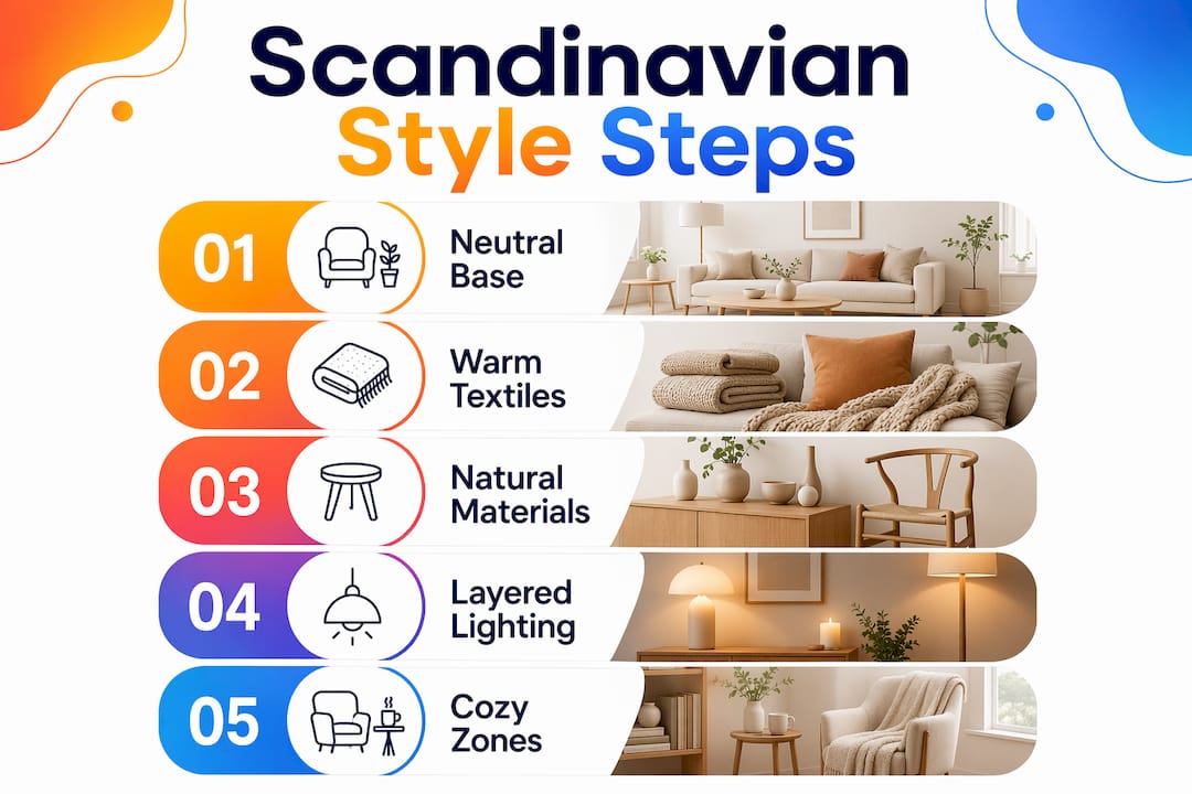 Infographic showing steps of Scandinavian decor style