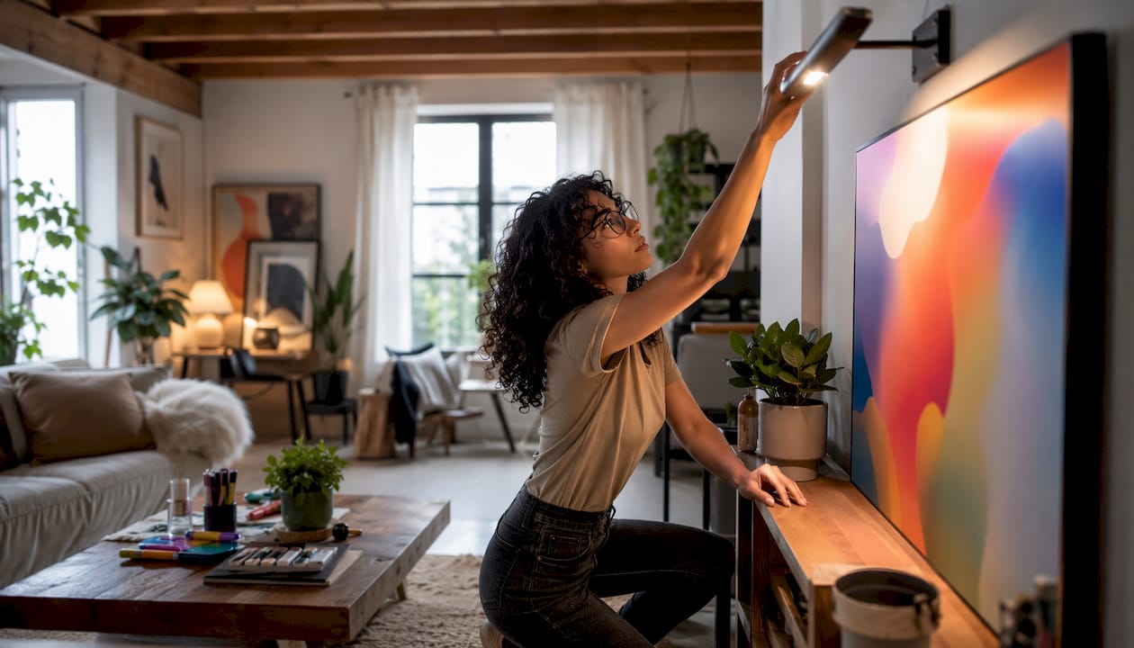 Woman adjusting picture light on gallery wall
