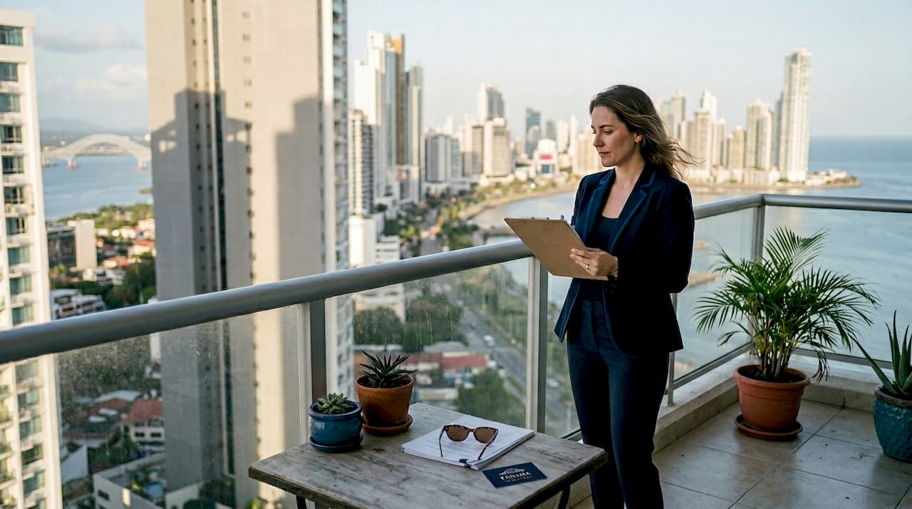Agent on condo balcony overlooking Panama City