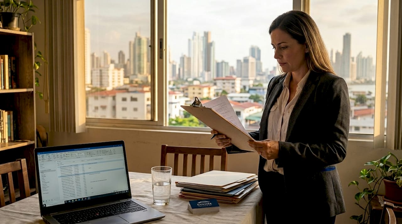 Lawyer reviews strata documents in apartment