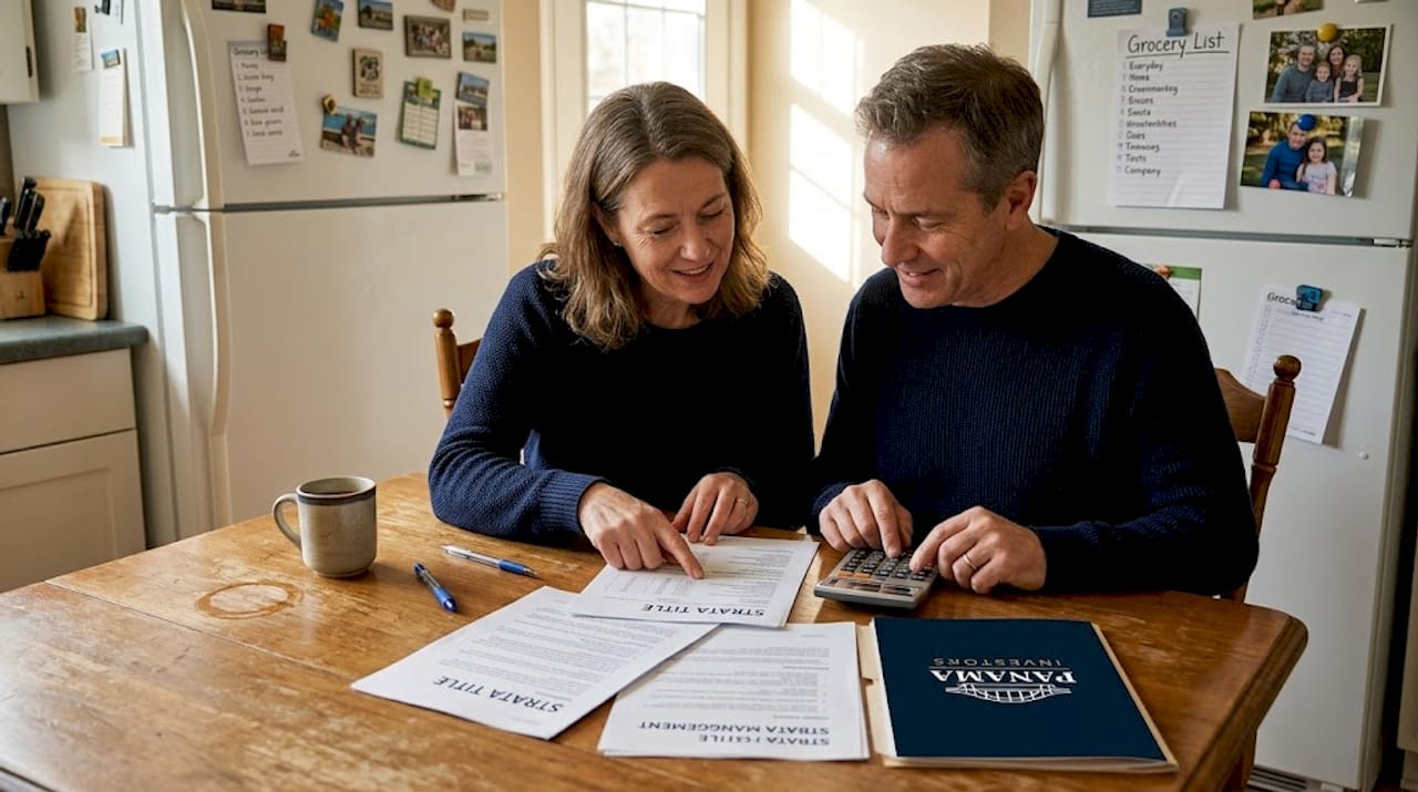 Couple reviews strata title paperwork at kitchen table