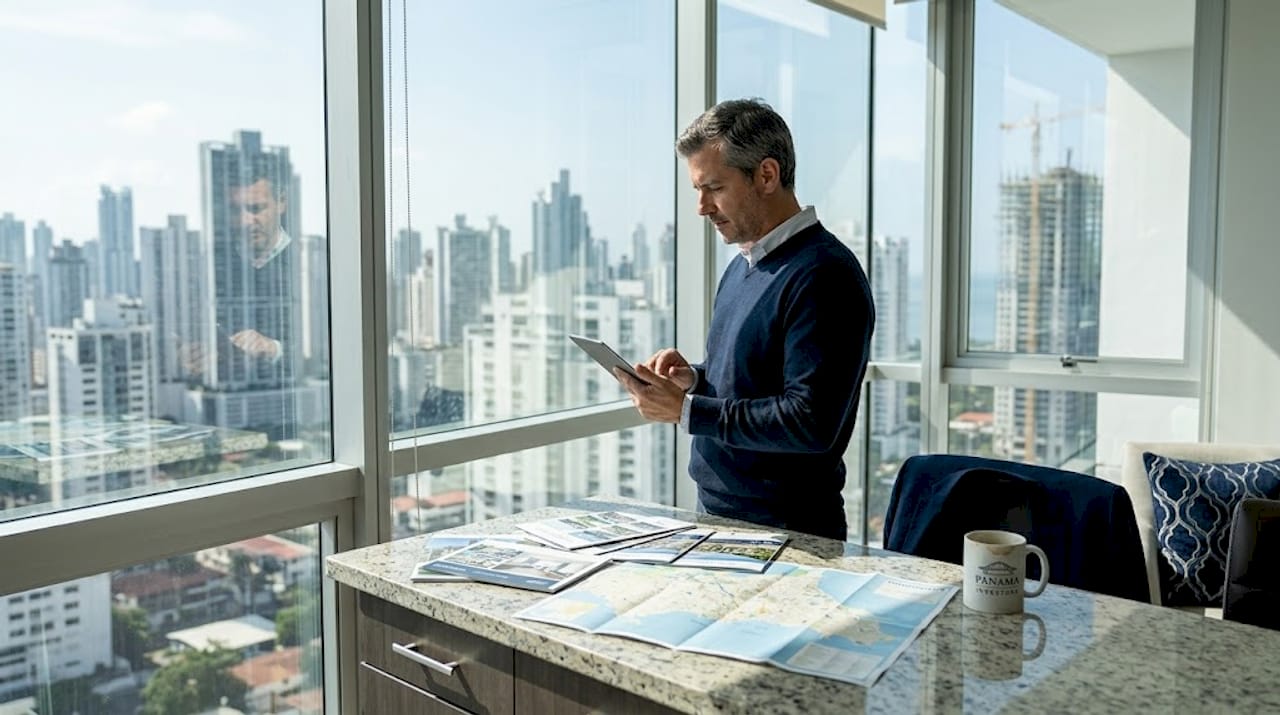 Investor overlooking Panama City real estate skyline