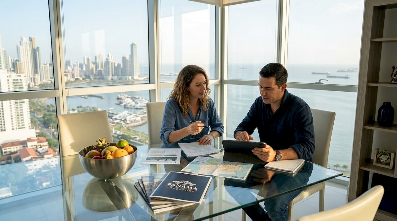 Couple reviewing property documents with Panama skyline