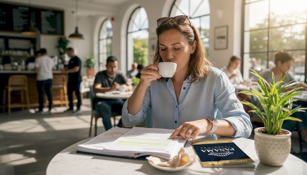 Solo buyer reviewing Panama property report in café