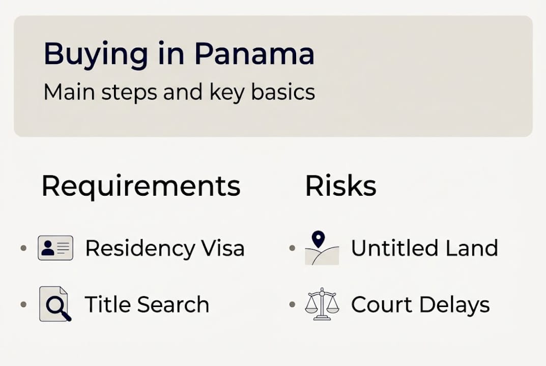 Infographic showing Panama buying steps and risks