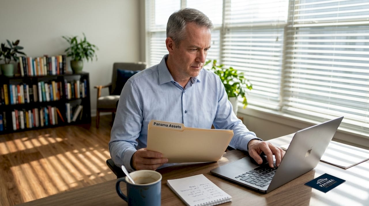 Businessman reviews Panama investment documents at desk