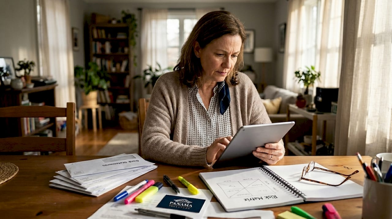 Woman checks asset risk at dining table