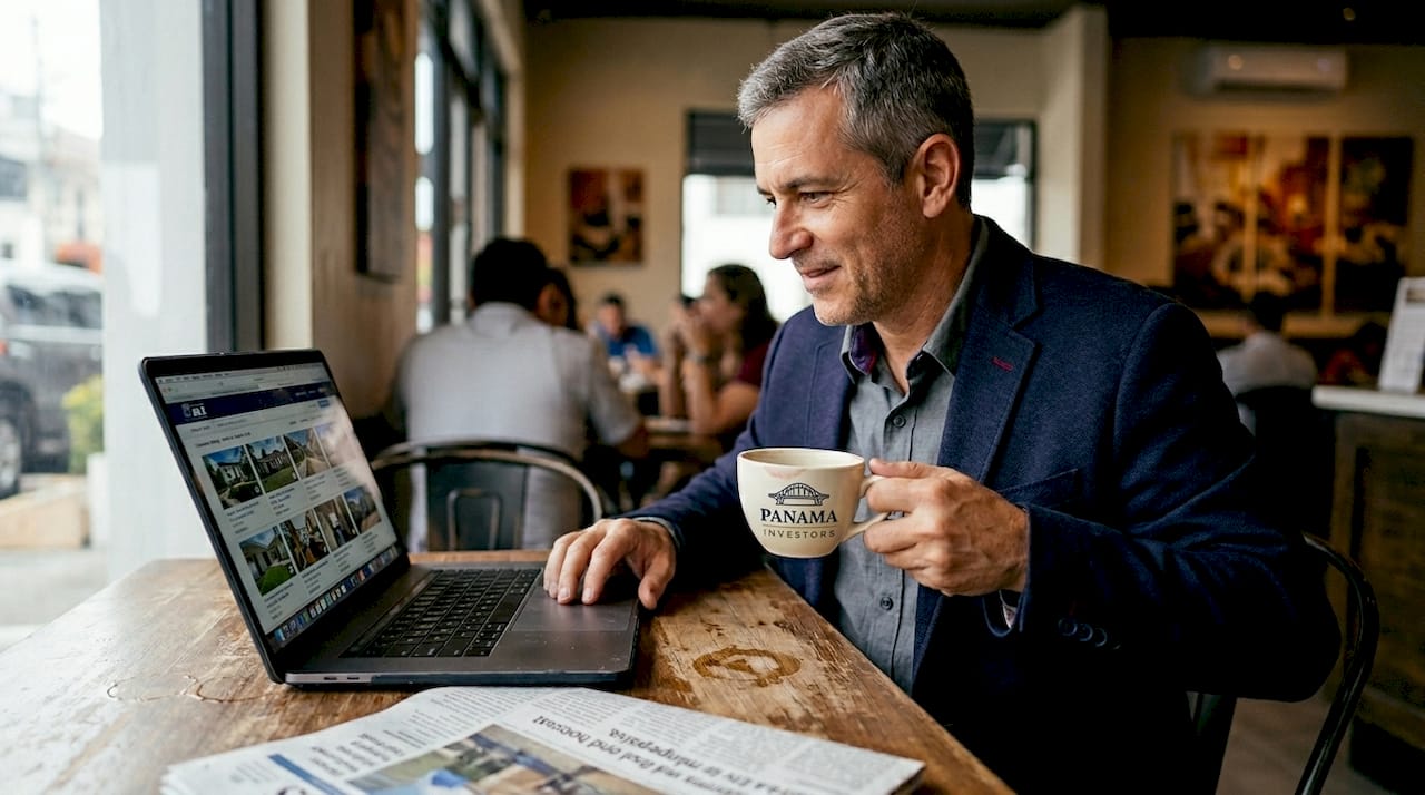 Agent searching MLS Panama on laptop in café