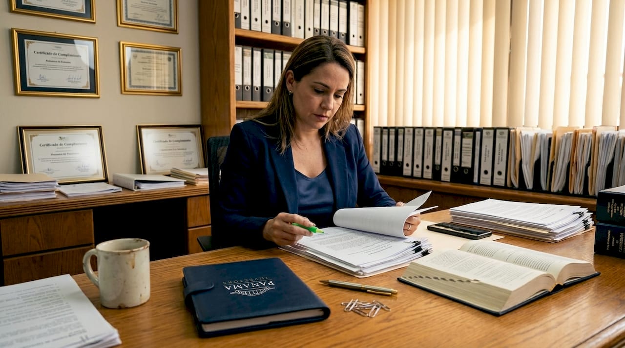 Lawyer reviewing Panama escrow paperwork