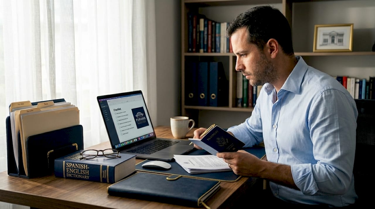 Man organizes visa application documents at home