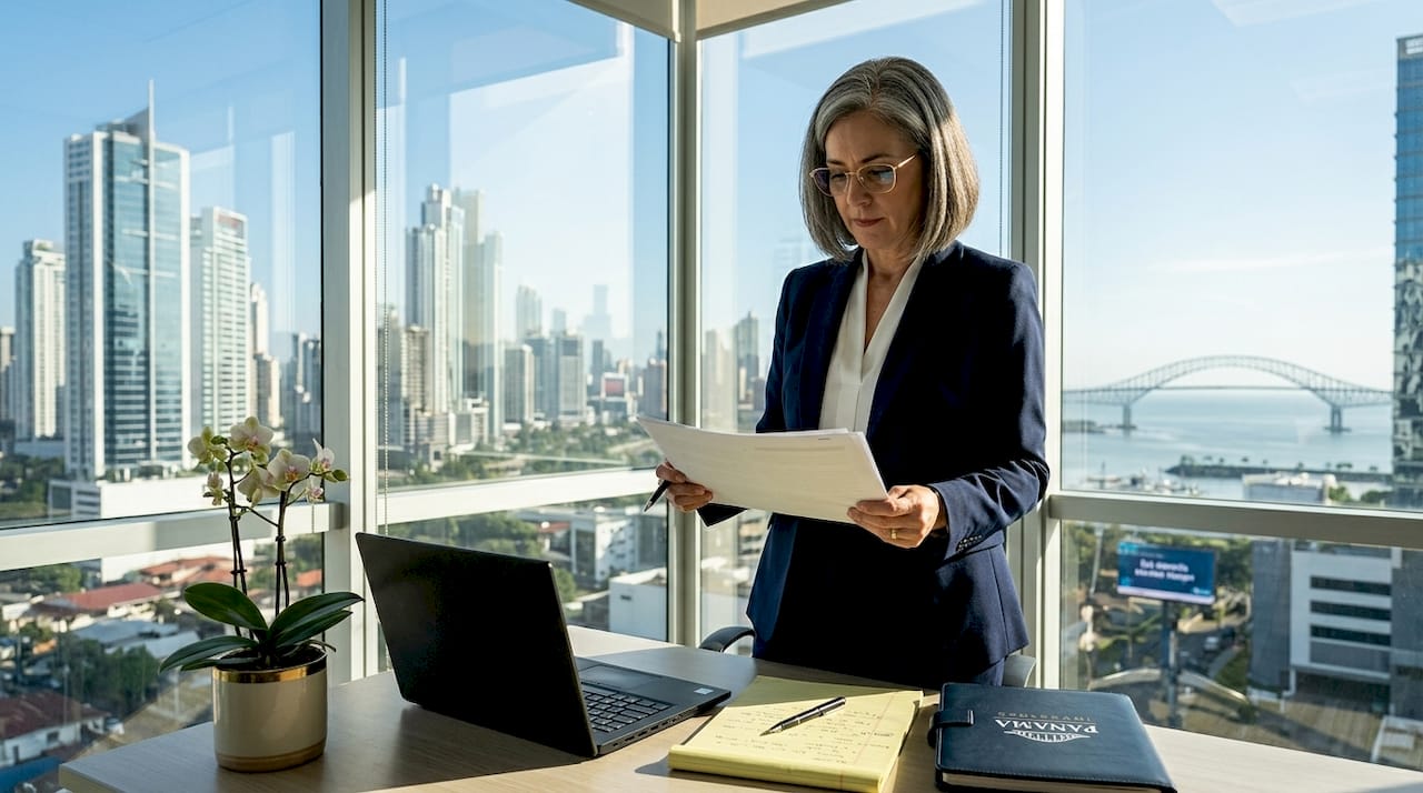 Businesswoman reviews investment documents in Panama office