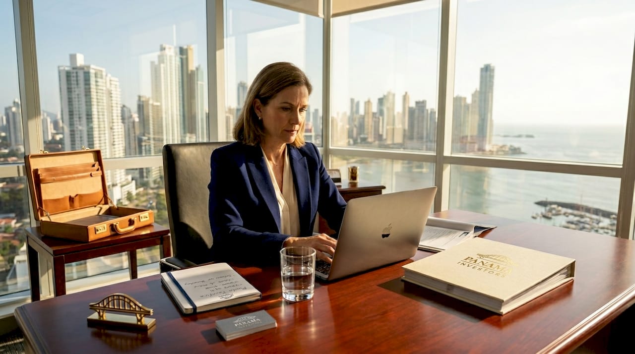 Broker reviews exclusive listings in Panama office