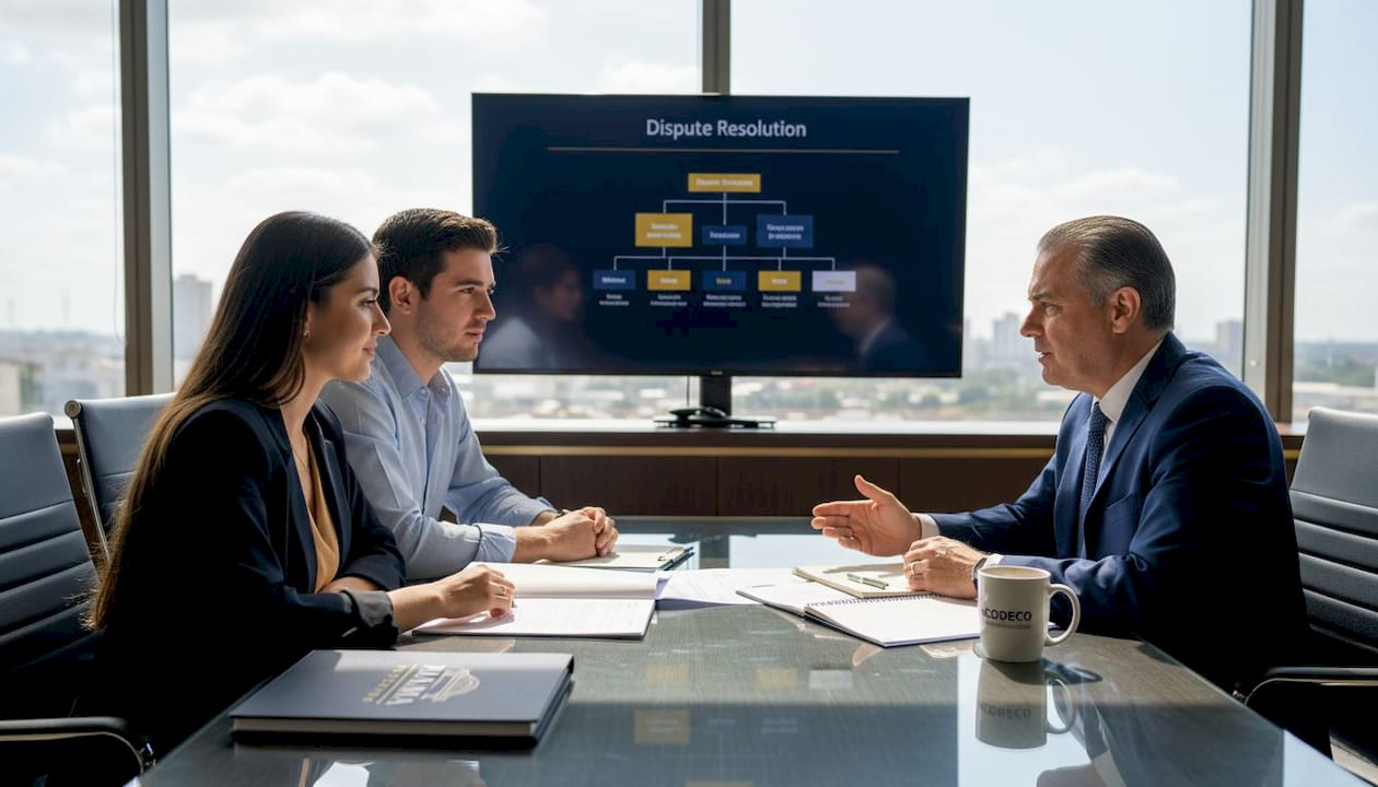 Buyers consulting ACODECO advisor about dispute