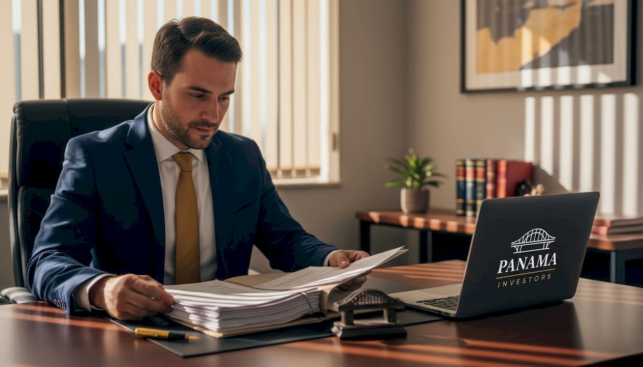 Lawyer reviewing property paperwork in Panama office
