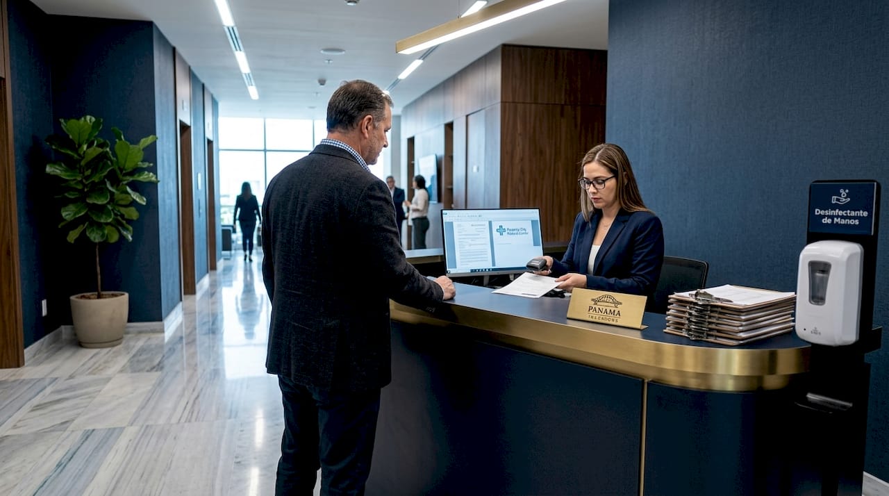 Checking in at modern Panama hospital lobby