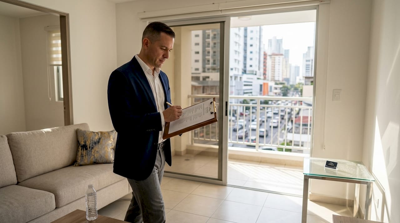 Property manager inspecting Panama rental apartment