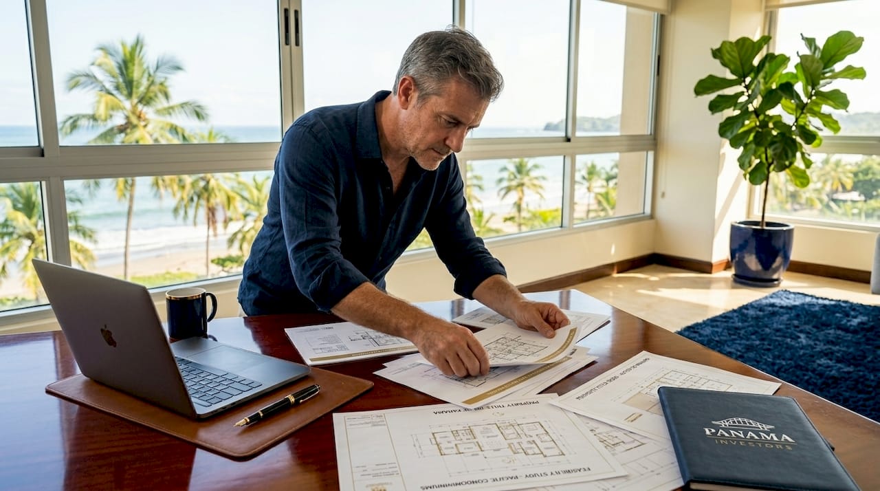 Examining coastal property documents by Panama beachfront window