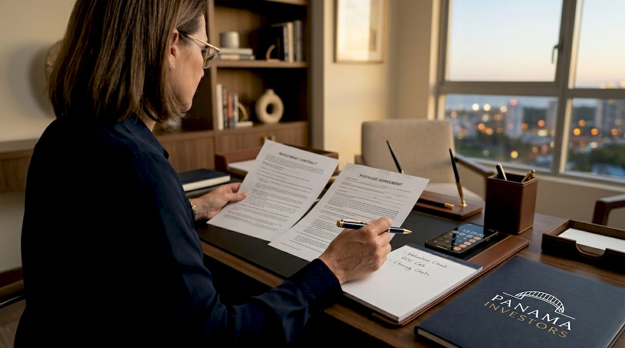 Woman comparing Panama property contracts in home office