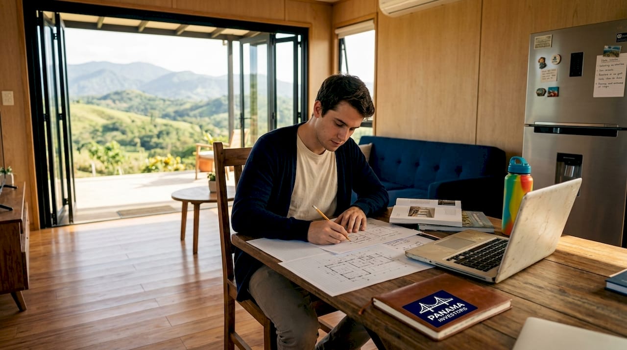 Architect working inside modular sustainable home