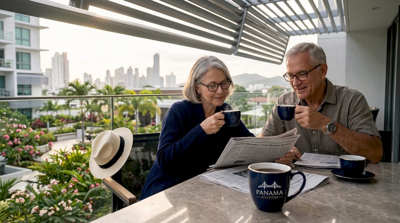 Retired couple relaxing on shaded patio in Panama