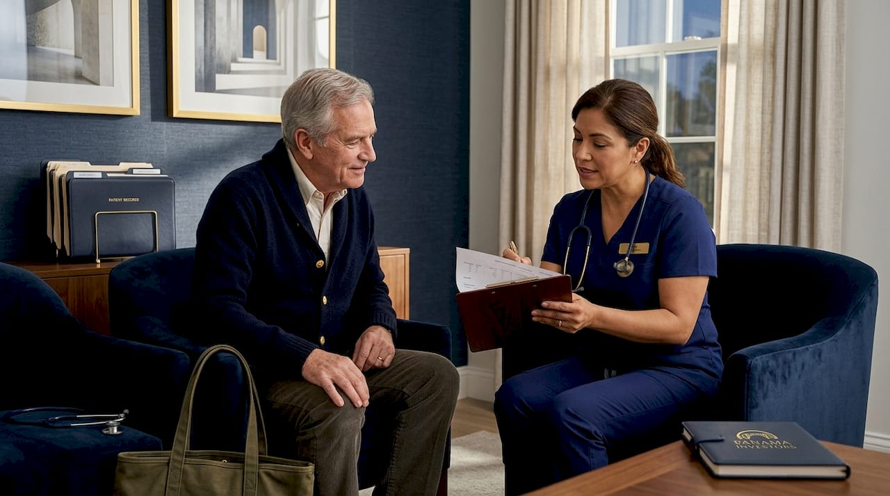Retiree consulting with doctor in Panama clinic