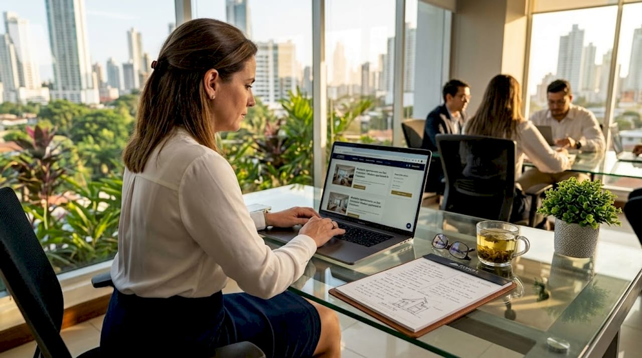 Bilingual real estate agent working in Panama office