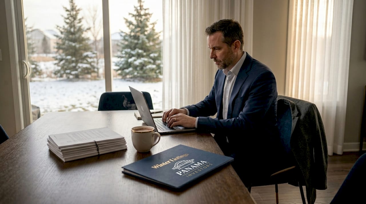Agent works on winter property listing at home