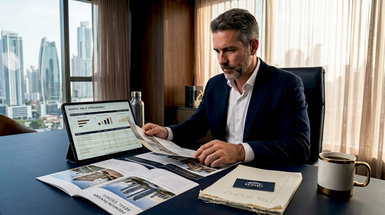 Investor reviewing Panama real estate data in office