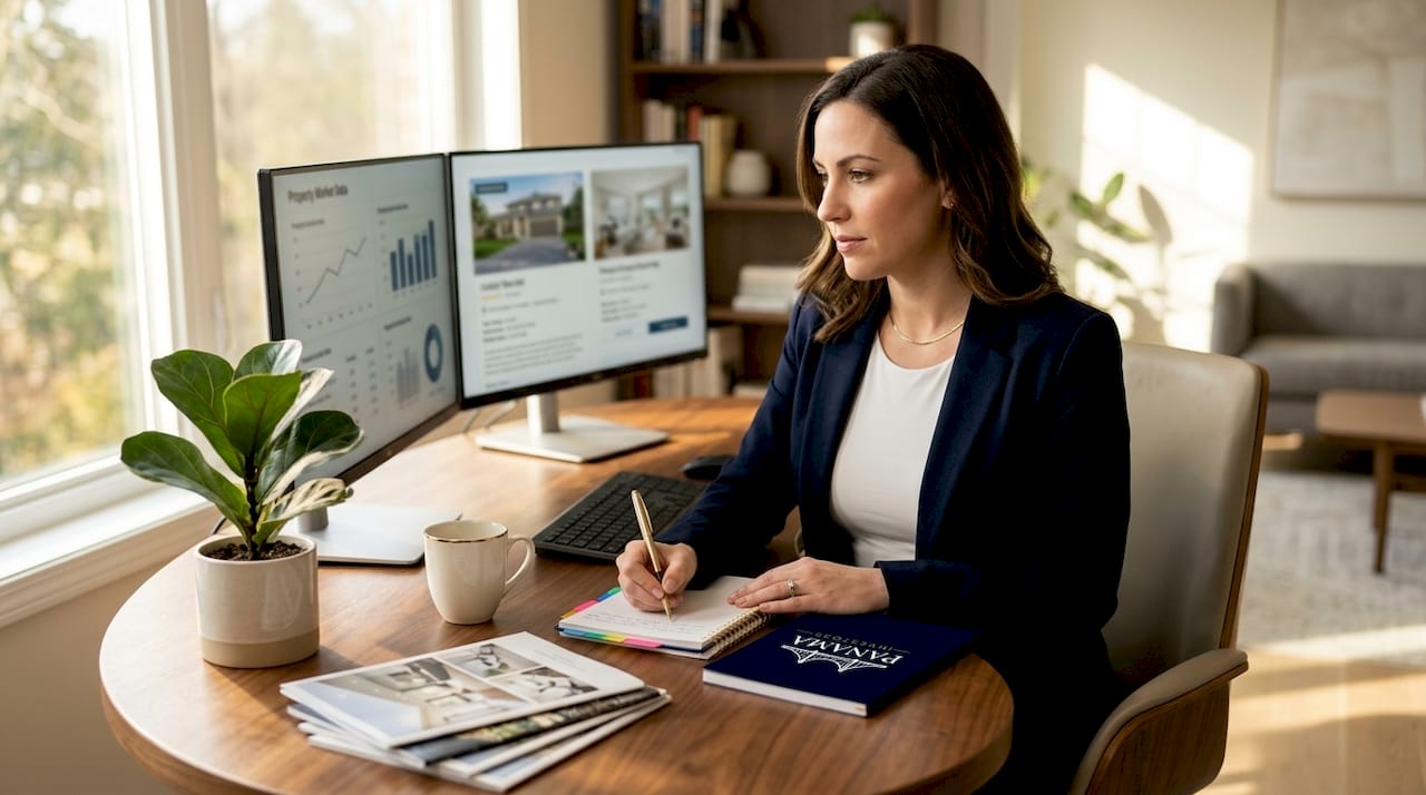 Advisor comparing real estate listings on desk