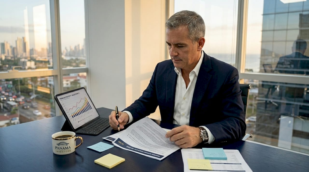 Executive reviewing Panama market analysis reports