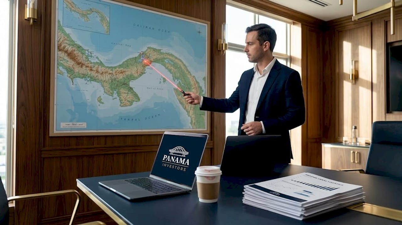 Business analyst pointing at Panama Canal map