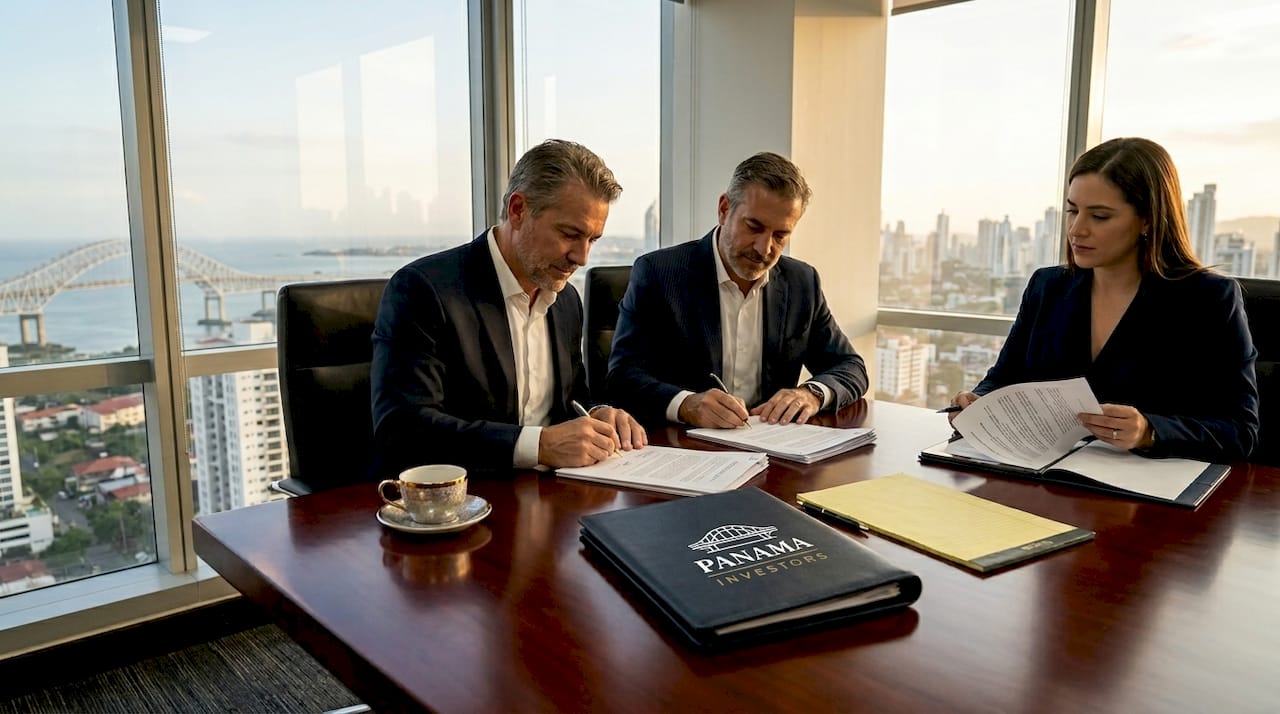 Couple signing real estate documents in Panama office