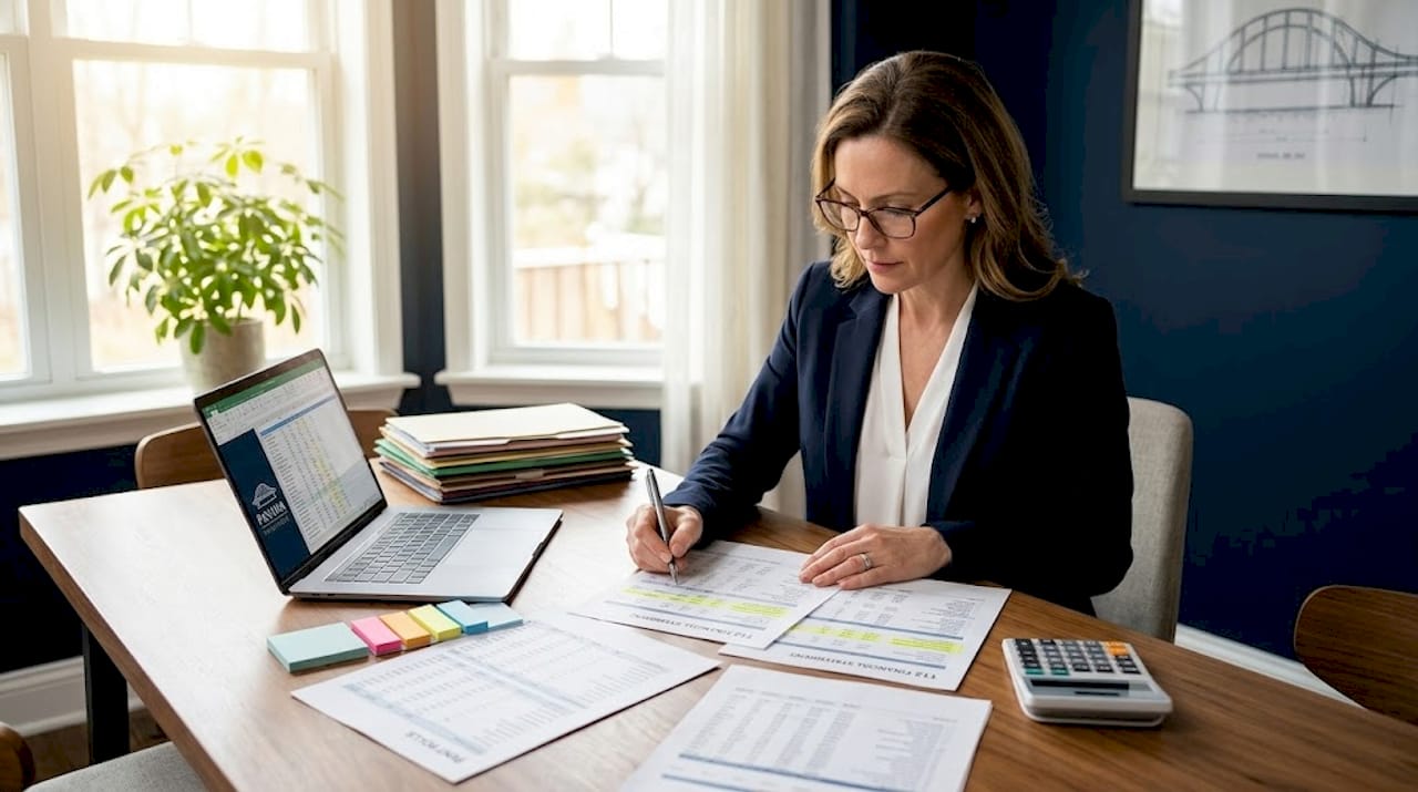Woman reviewing rent rolls at kitchen table