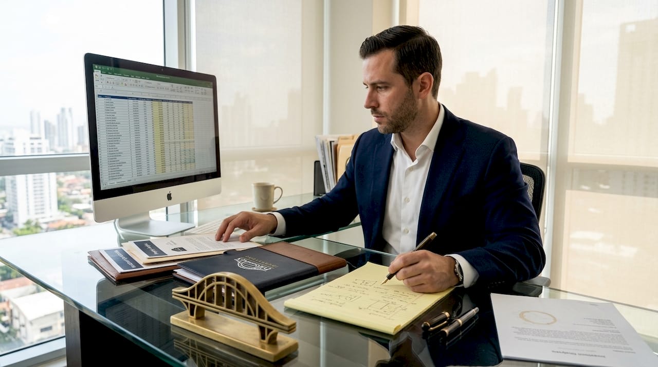 Investor reviewing property documents at city office desk
